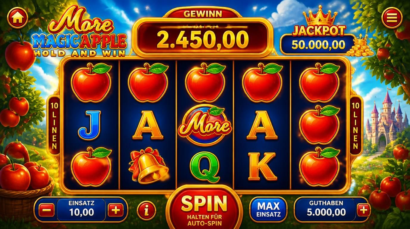 Schnittstelle des More Magic Apple Slots mit Apfel-Thema und klarer Bedienung 
